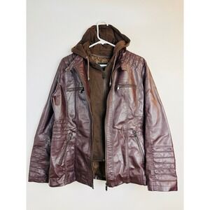 Tanming Mens Faux Leather Jacket Hooded Biker Style Brown Mens Size XL